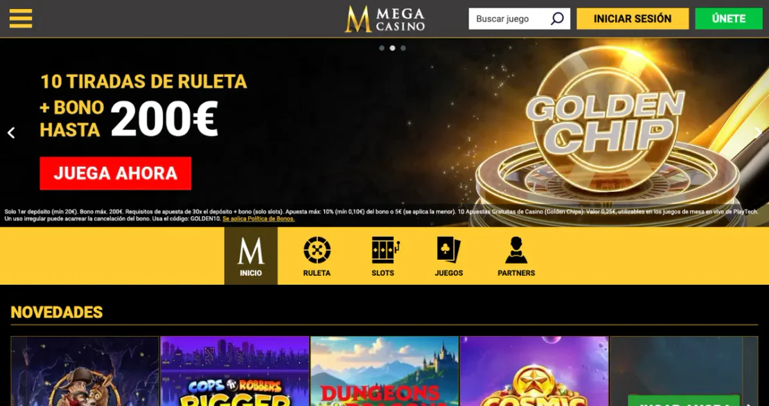 Lobby del casino Mega Casino: tragamonedas en la portada